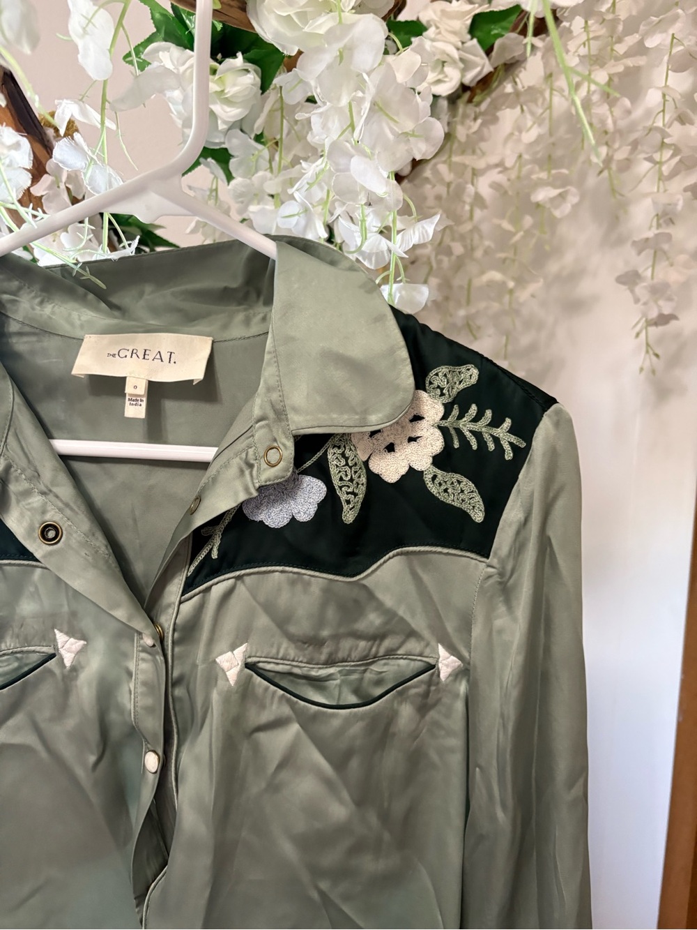 THE GREAT. Sage Green Satin Embroidered Western Heritage Shirt in Dried Sage - Picture 10 of 14